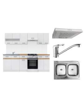 AGD+ Junona Kitchen Units Set 230cm with hood, sink and tap white gloss